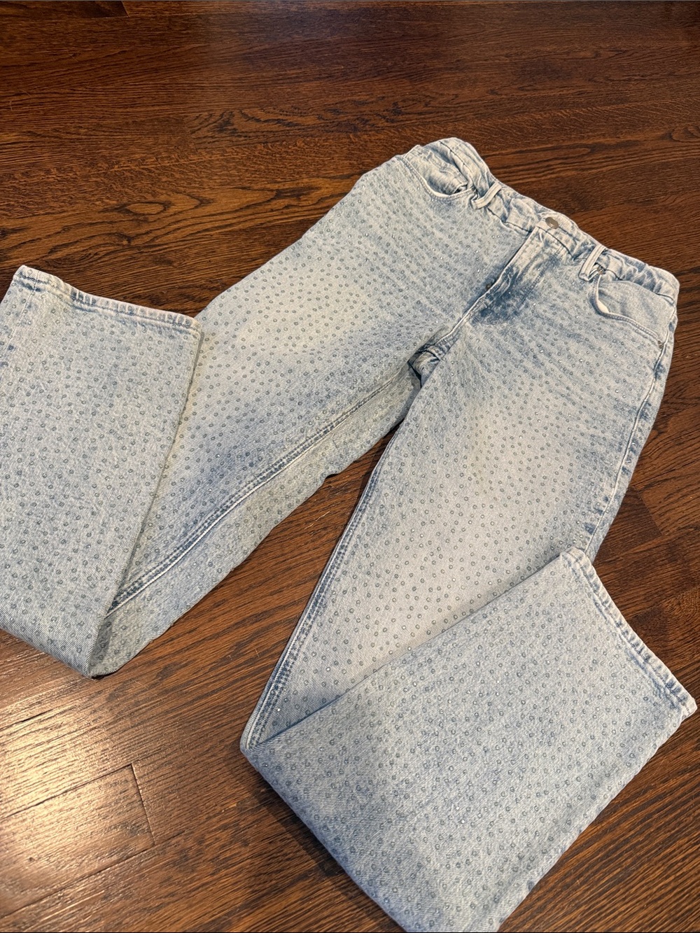 Good American Light Wash Printed Straight-Leg Jeans with rhinestones